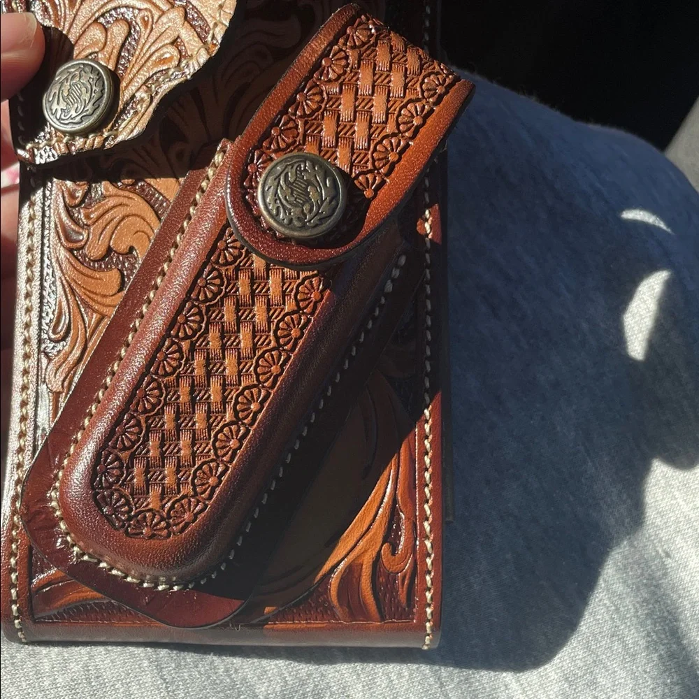 Tooled Leather Western Wallet with Horse Design - Brown